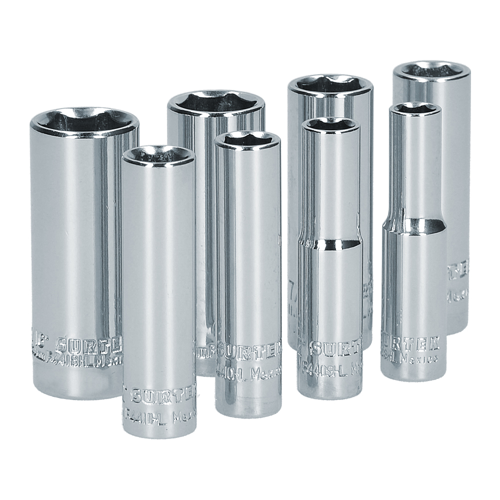 Juego de 8 dados largos en pulgadas cuadro de 1/4", 6 puntas, en riel, Surtek