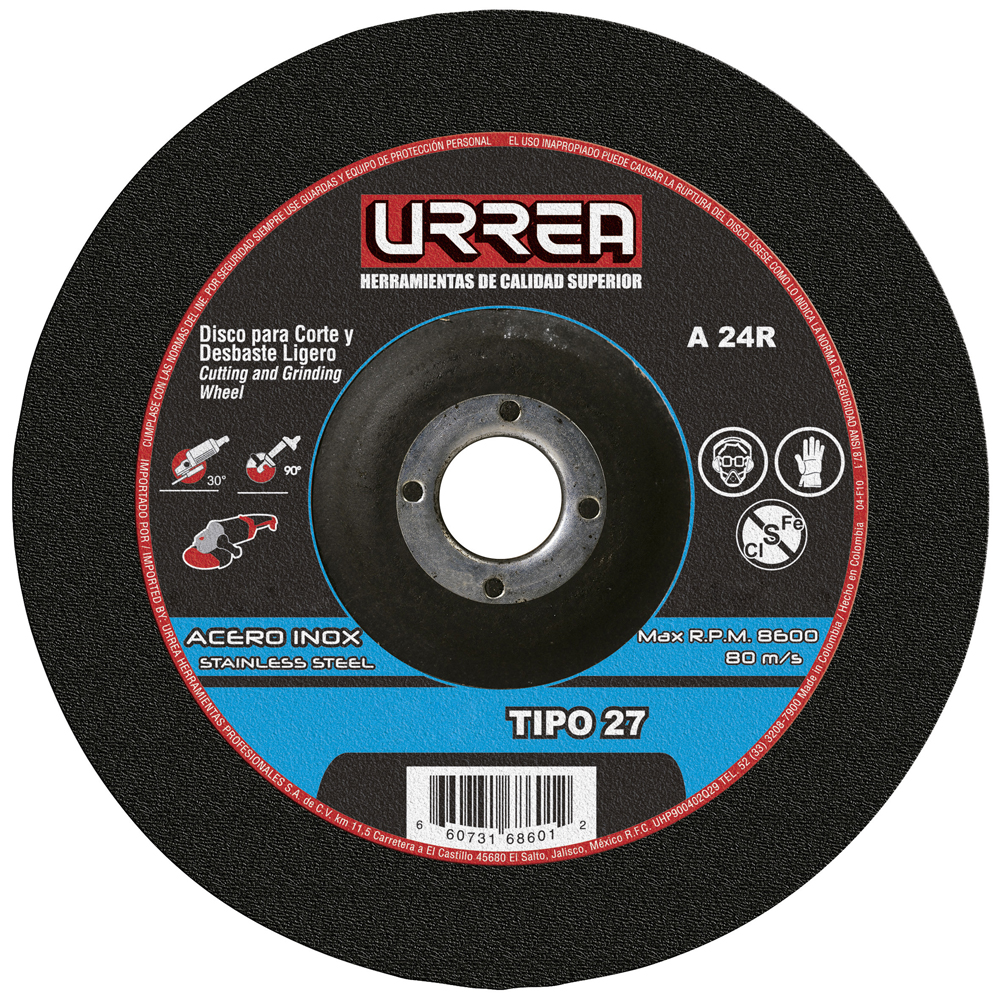 Disco abrasivo tipo 27 para acero inoxidable 4-1/2" x 1/4", Urrea