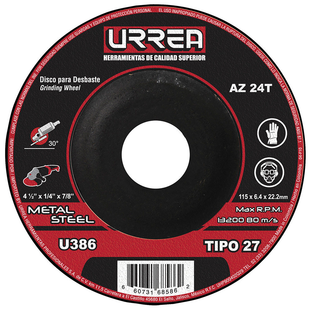 Disco abrasivo tipo 27 para metal 4-1/2" x 1/4", Urrea