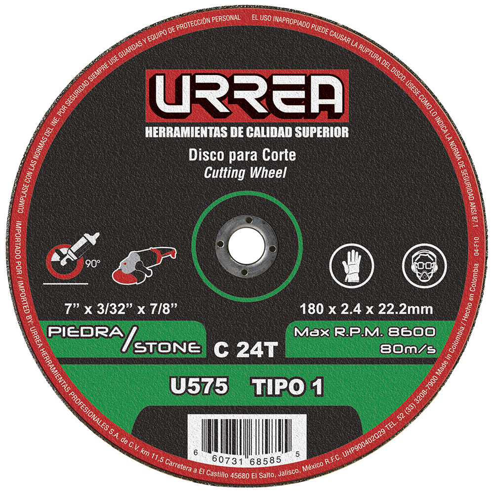 Disco abrasivo tipo 1 para piedra 7" x 3/32", Urrea