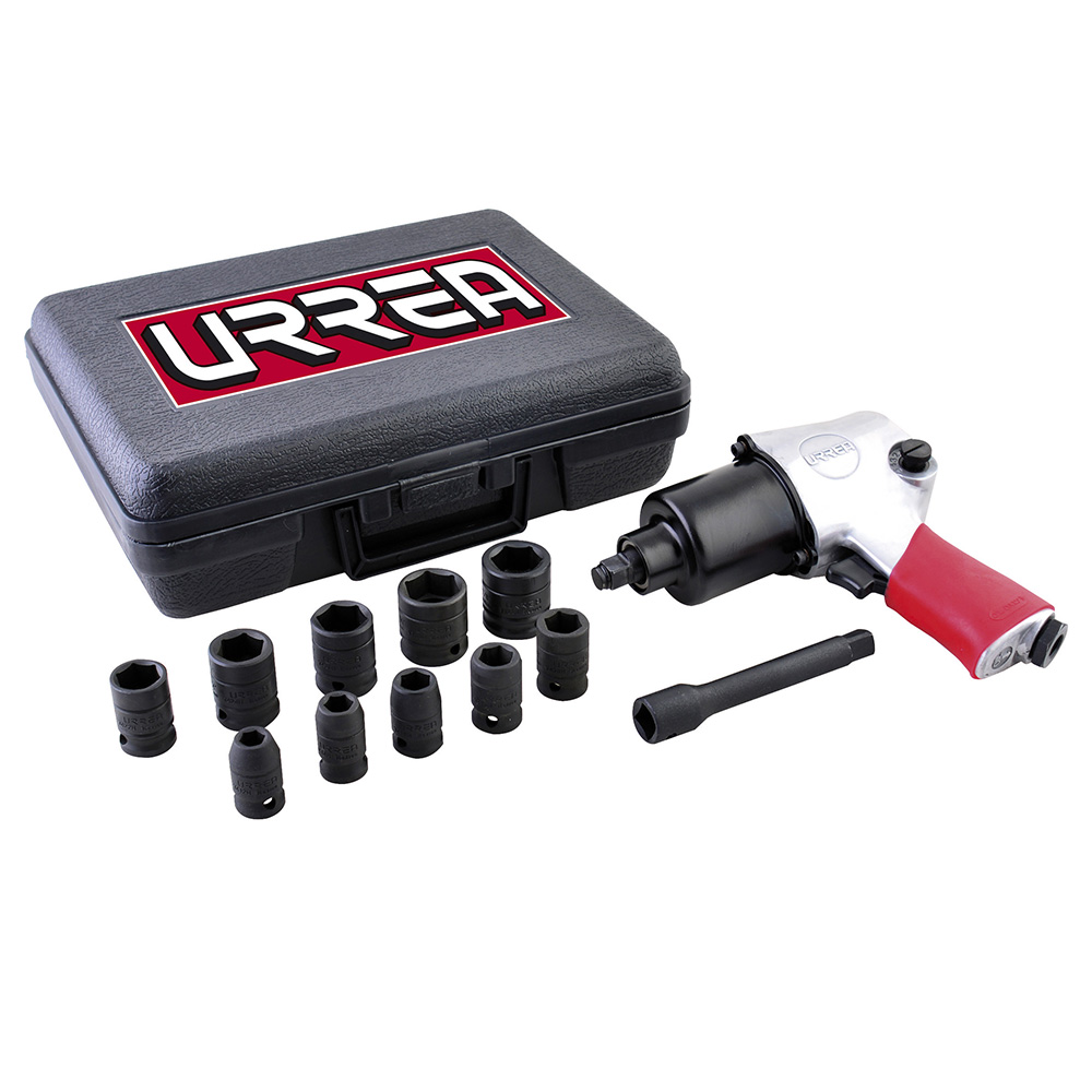 Juego de pistola de impacto neumática cuadro de 1/2" y accesorios en pulgadas, 13 piezas, Urrea