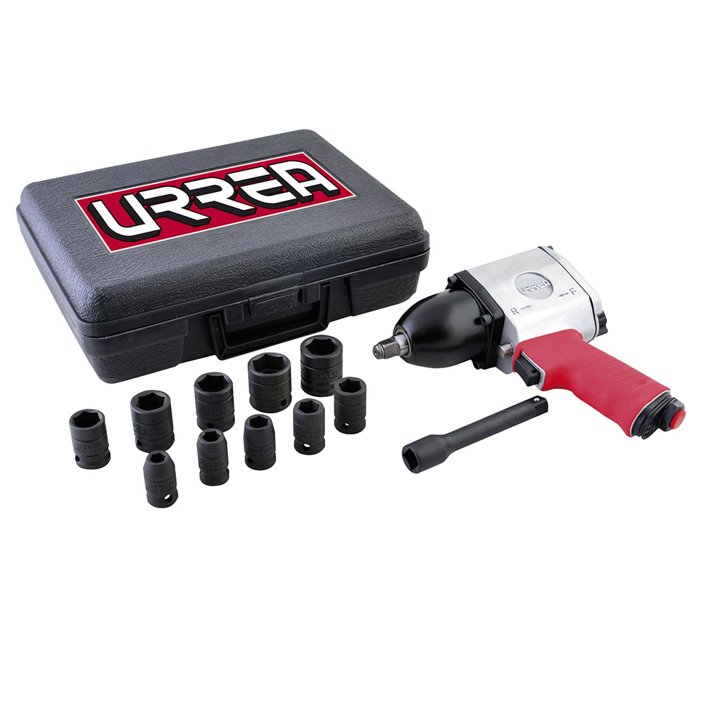 Juego de pistola de impacto neumática cuadro de 1/2" y accesorios métricos, 13 piezas, Urrea
