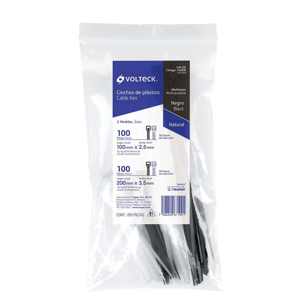 44018 / Bolsa con 200 cinchos plásticos negros y naturales, Volteck