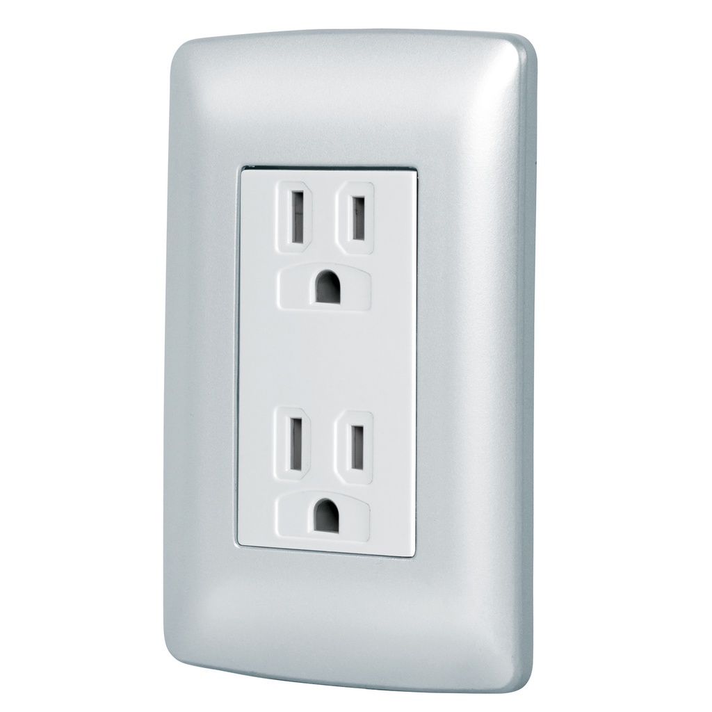 49806 / Contacto dúplex aterrizado, color plata, línea Italiana , Volteck