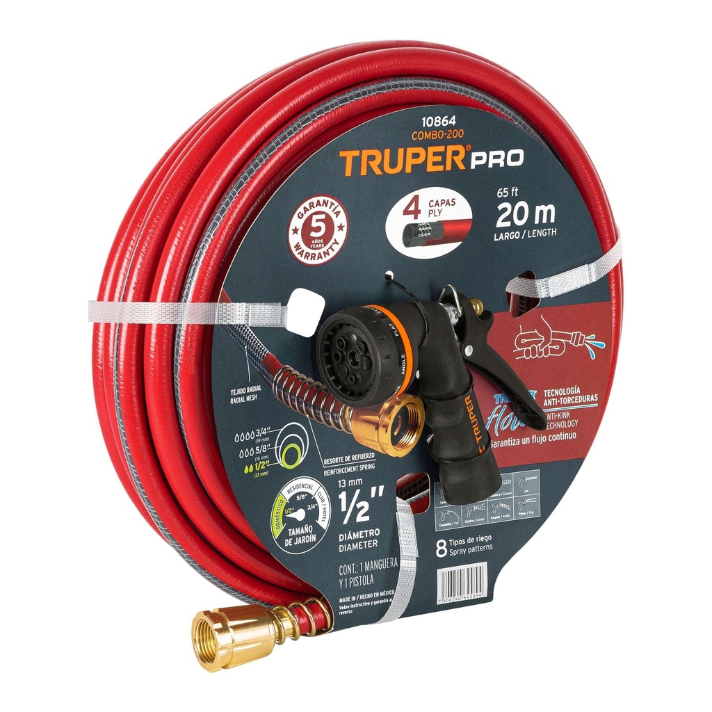 10864 / Combo manguera MAN-20X1/2X y pistola de riego PR-208, Truper