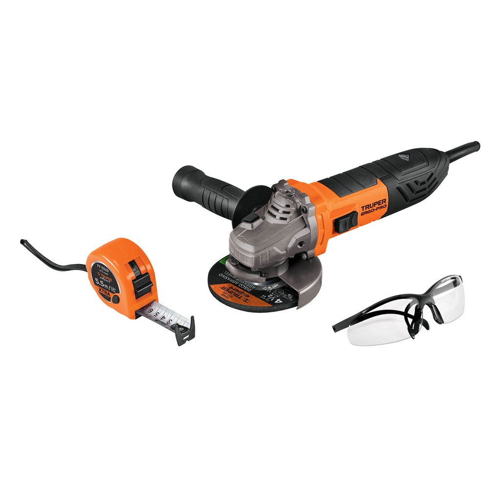 100250 / Esmeriladora 4-1/2' 850 W, lentes de seguridad y flexómetro, Truper