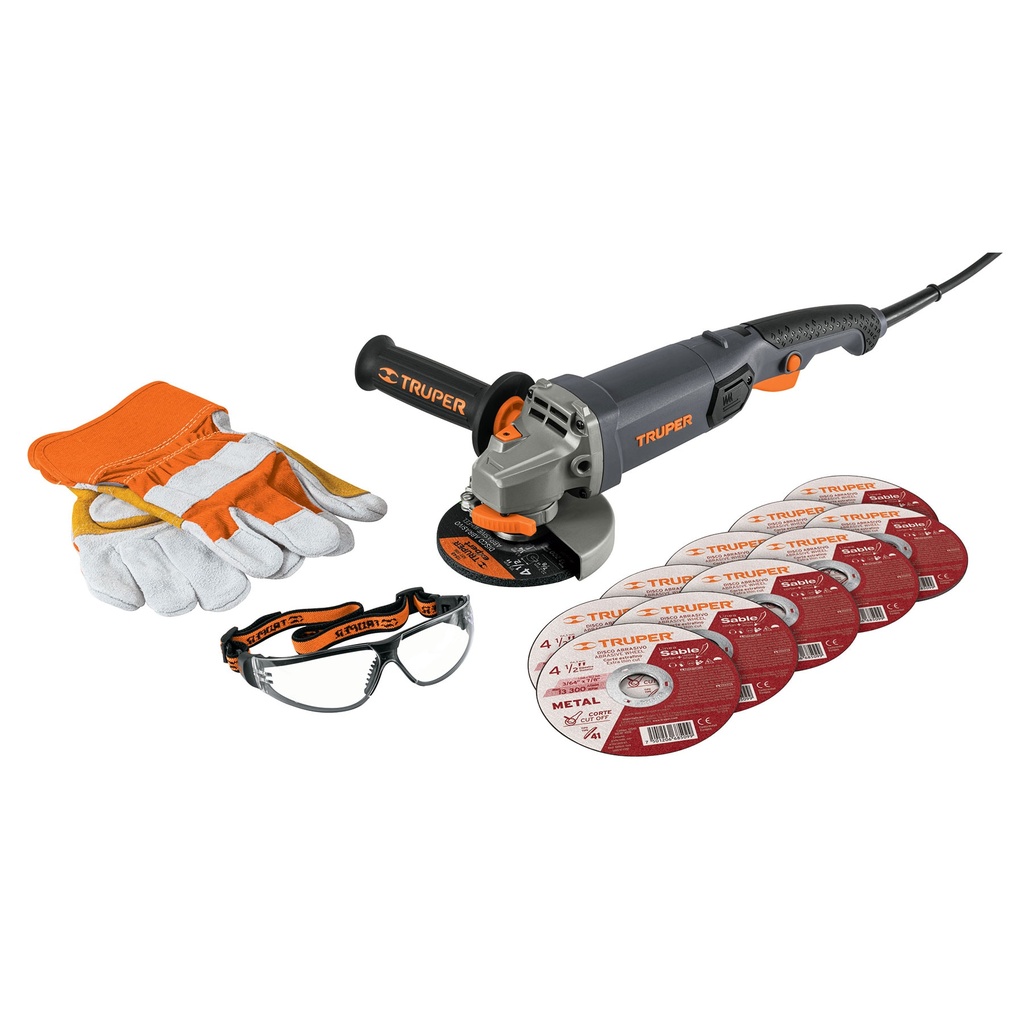 Esmeriladora 4-1/2' 950 W, discos, lentes y guantes, Truper