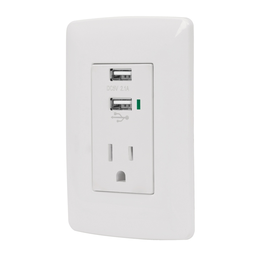 48065 / Contacto aterrizado + 2 puertos USB, blanco, línea Italiana, Volteck
