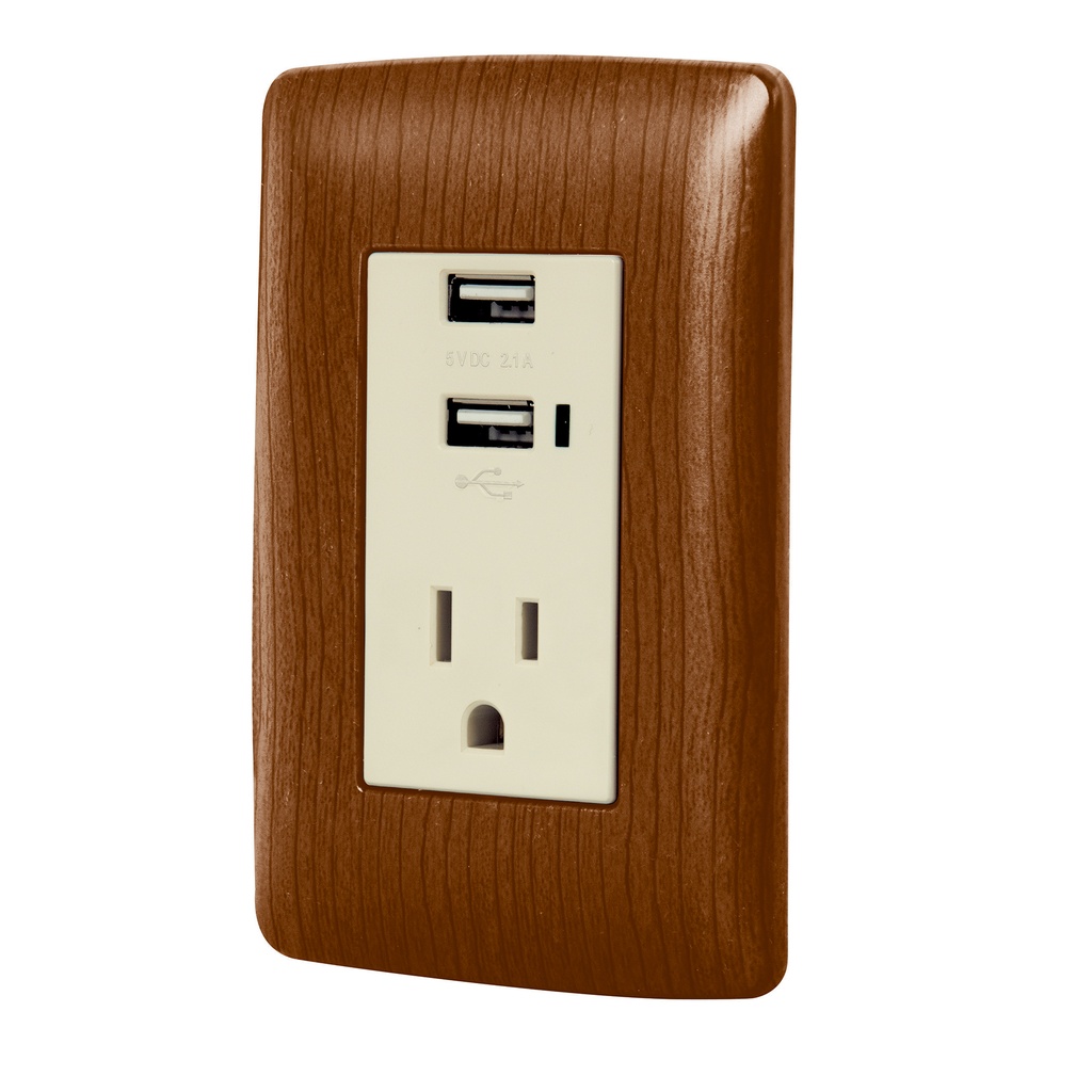 49814 / Contacto aterrizado + 2 puertos USB, madera, línea Italiana, Volteck