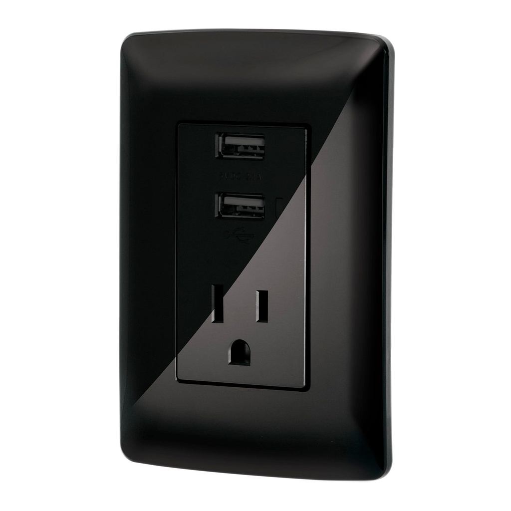 47590 / Contacto aterrizado + 2 puertos USB, negro, línea Italiana, Volteck