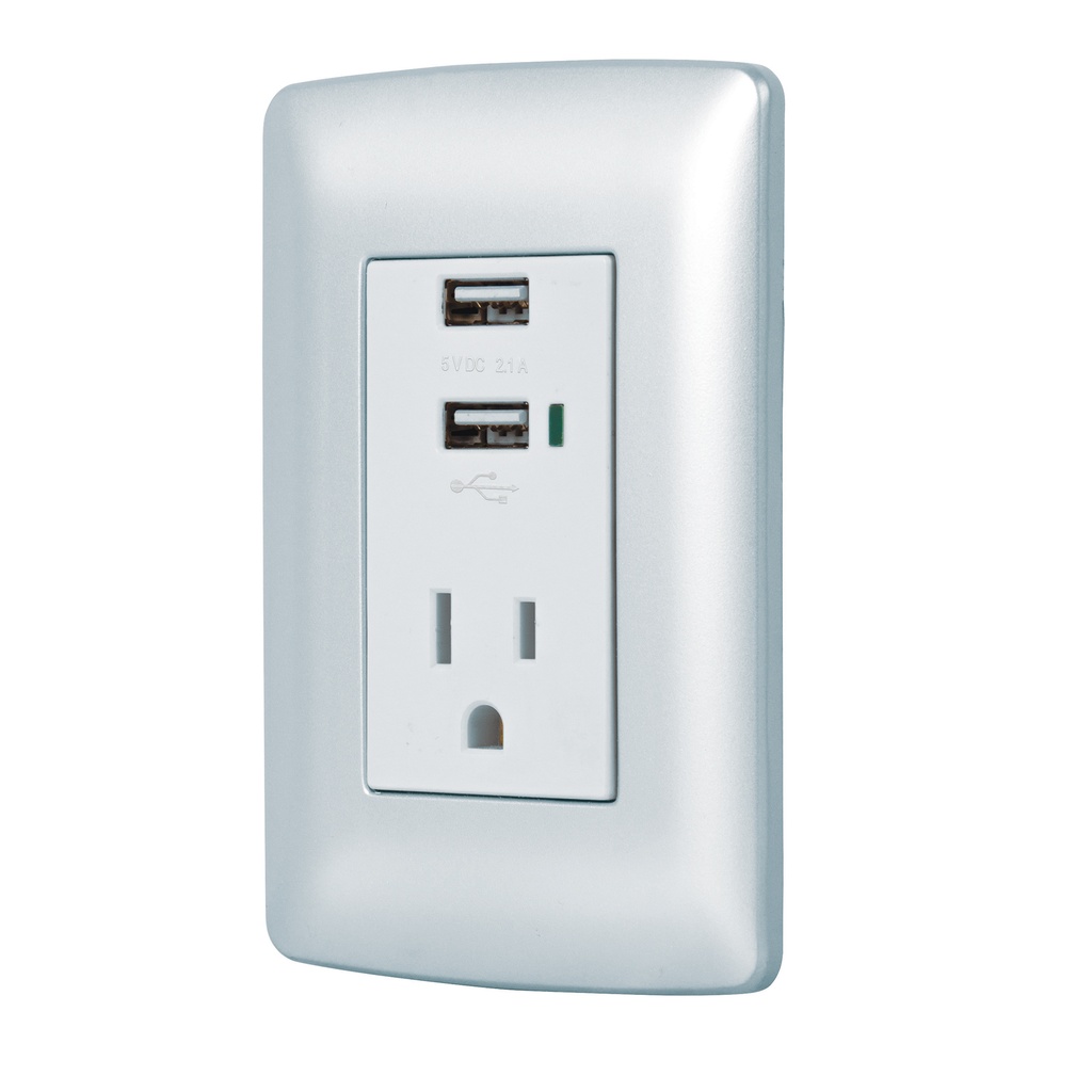 49808 / Contacto aterrizado + 2 puertos USB, plata, línea Italiana, Volteck