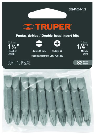 Repuesto puntas dobles phillips #2-plana, de 1-1/2',bolsa 10, Truper