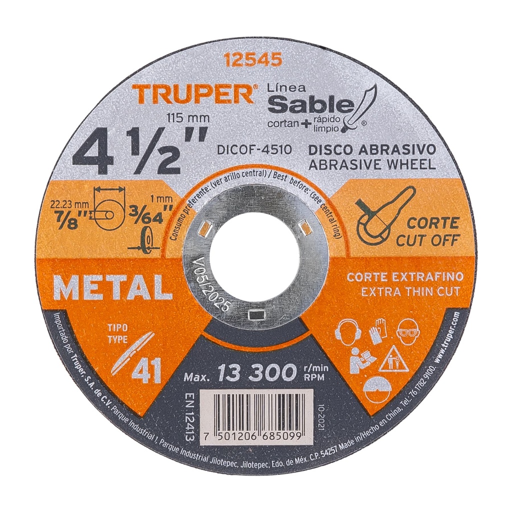 12545 / Disco Tipo 41 de 4-1/2' x 1 mm corte fino de metal, Sable, Truper