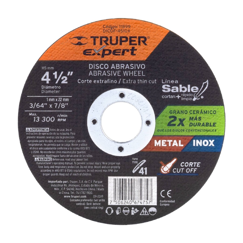11899 / Disco Tipo 41 de 4-1/2' x 1 mm corte fino de metal, Expert
