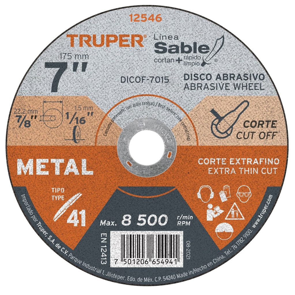 12546 / Disco Tipo 41 de 7' x 1.5 mm corte fino de metal, Sable, Truper