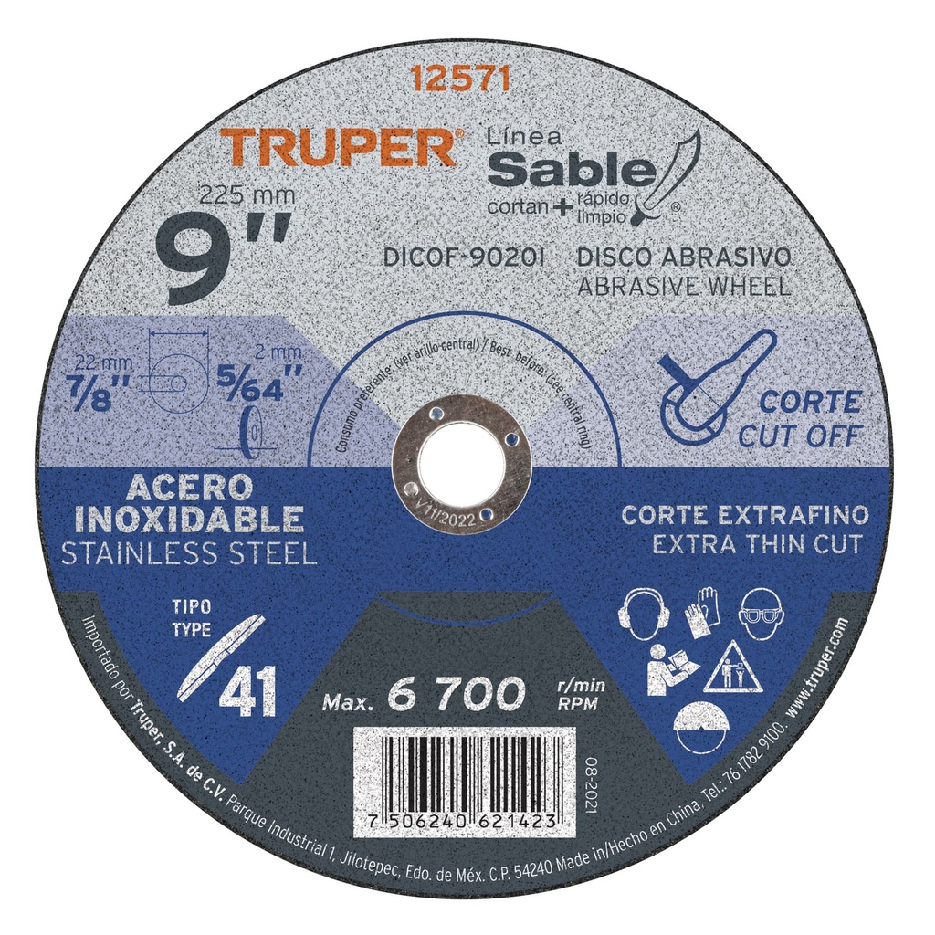 12571 / Disco Tipo 41 de 9' x 2 mm corte fino acero inox, Sable, Truper