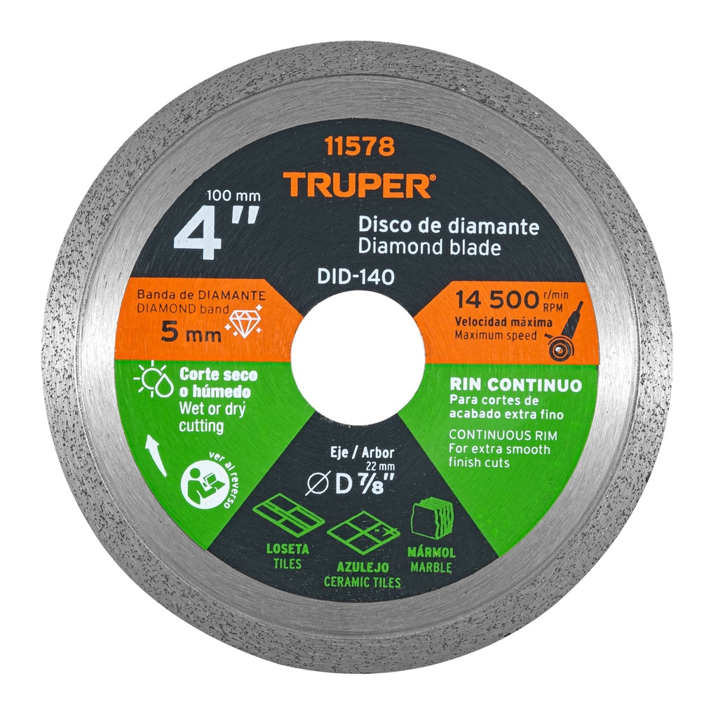 11578 / Disco de diamante de 4' x 1.6 mm rin continuo, Truper