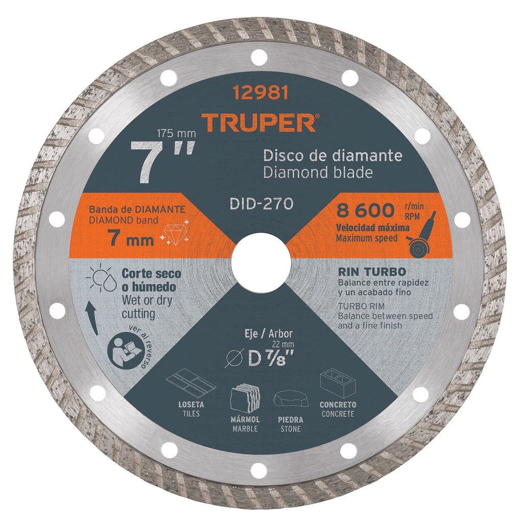 12981 / Disco de diamante de 7' x 2.8 mm rin turbo, Truper