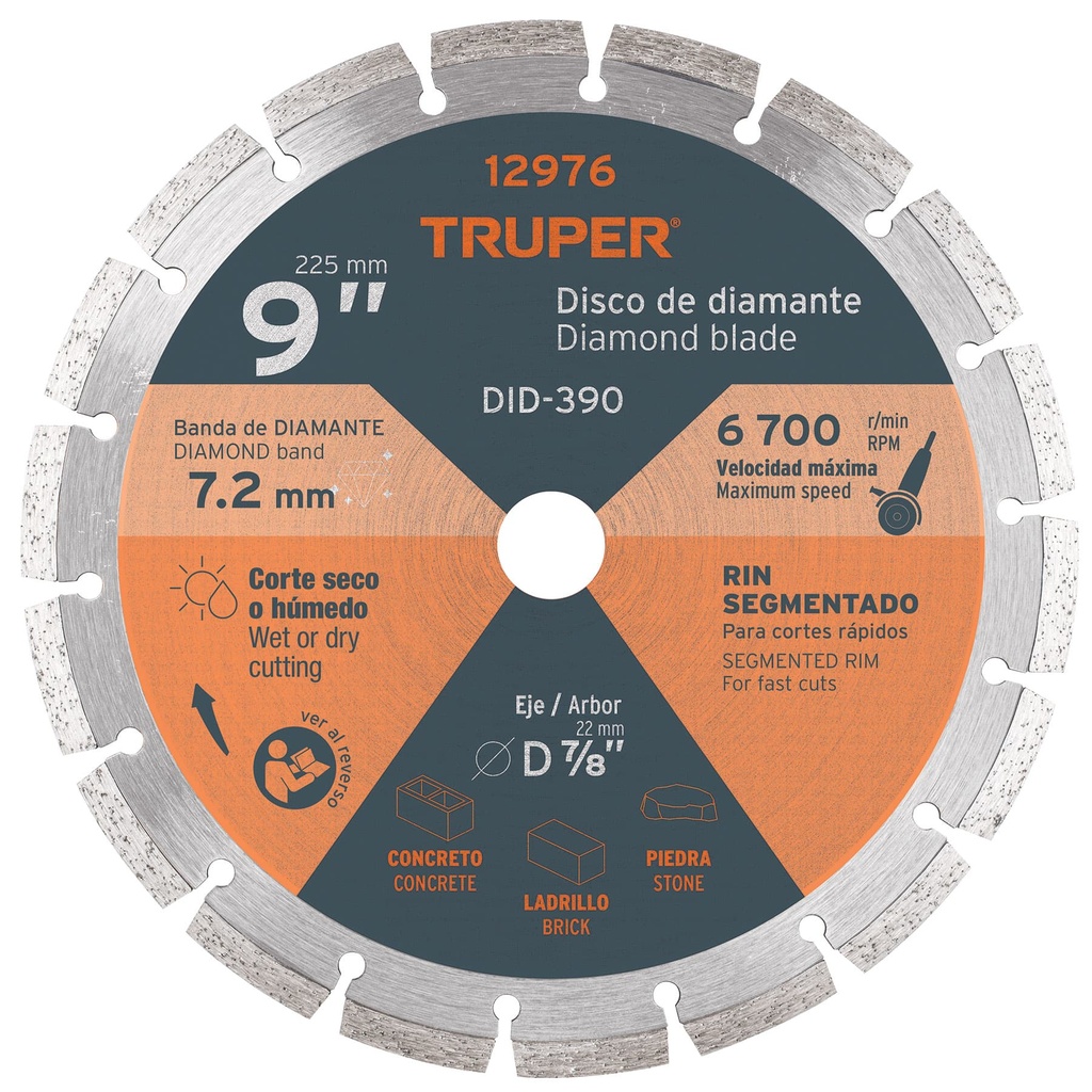 12976 / Disco de diamante de 9' x 2.7 mm rin segmentado, Truper
