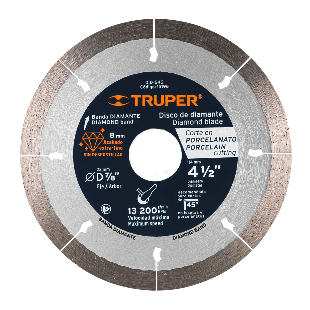 15196 / Disco de diamante de 4-1/2' x 1.3 mm corte de porcelanato, Truper