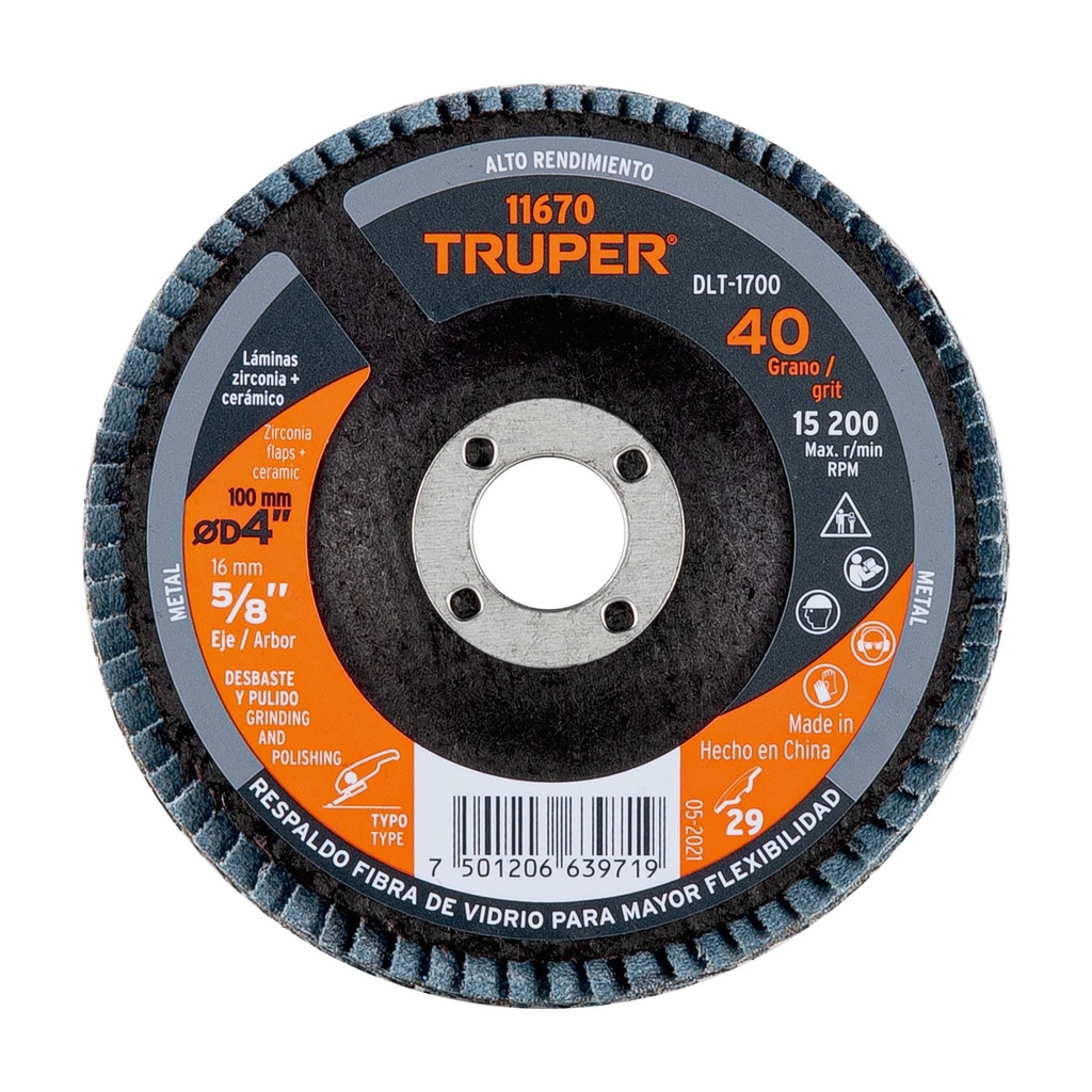 11670 / Disco laminado 4', grano 40 centro 5/8', Truper