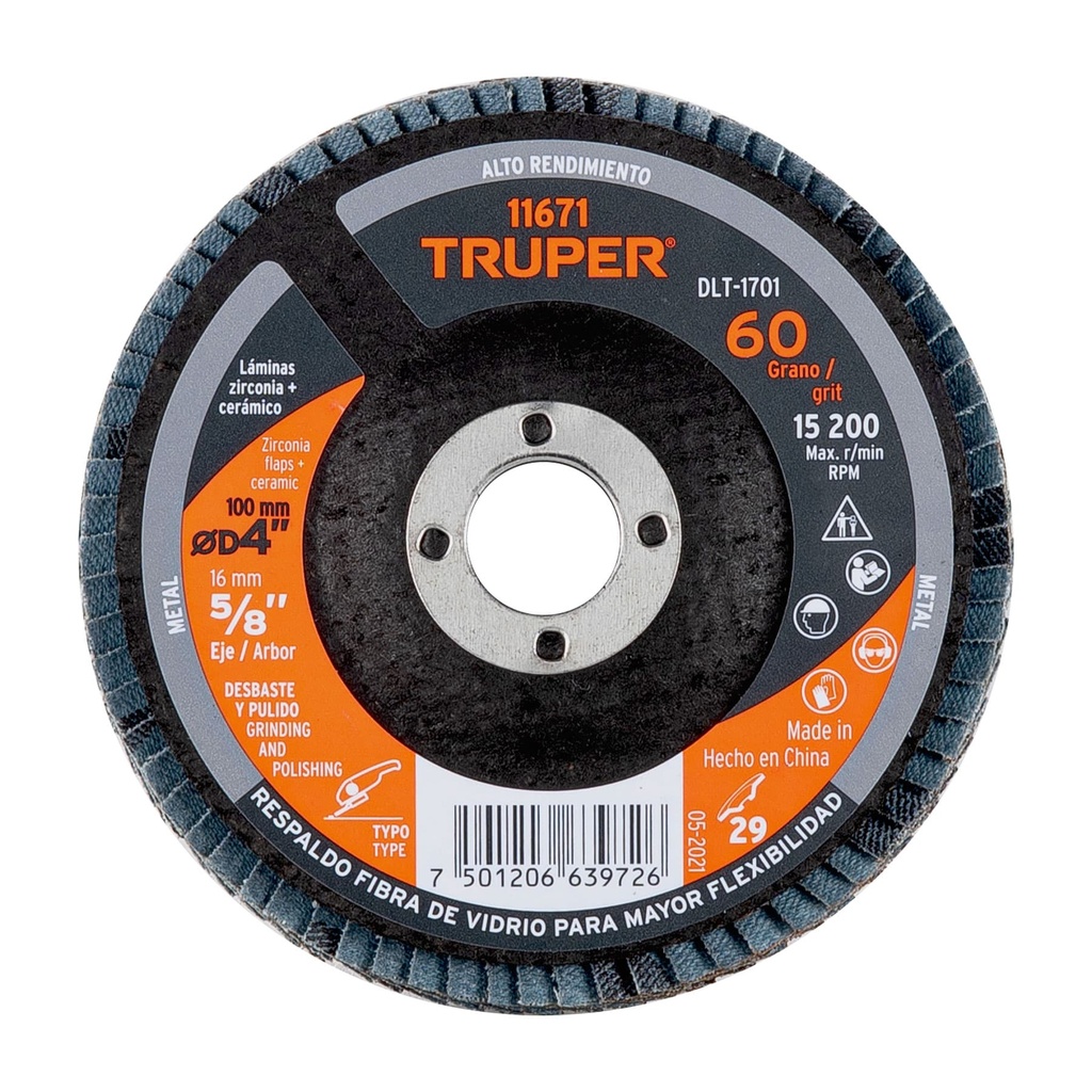 11671 / Disco laminado 4', grano 60 centro 5/8', Truper