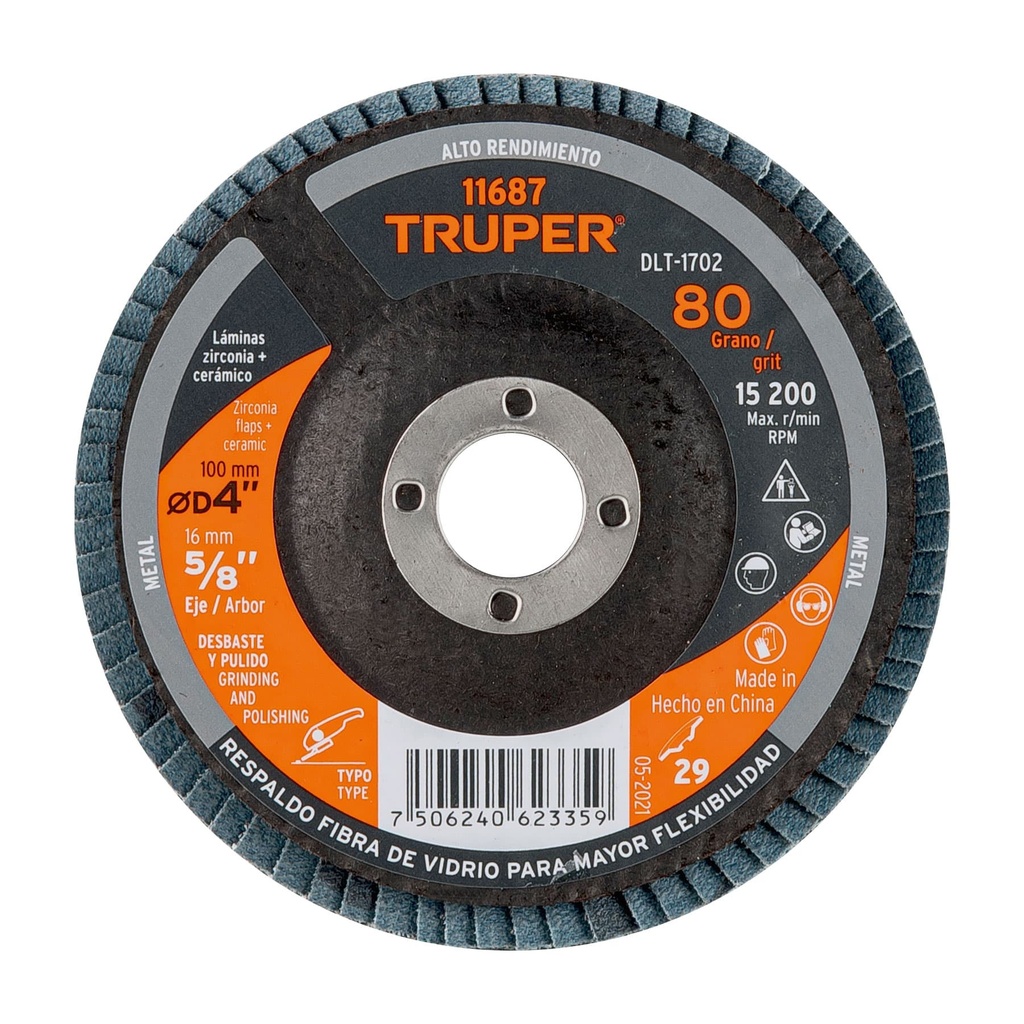 11687 / Disco laminado 4', grano 80 centro 5/8', Truper