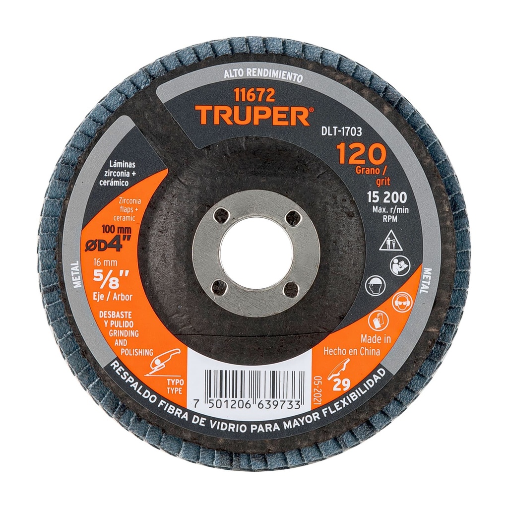 11672 / Disco laminado 4', grano 120 centro 5/8', Truper