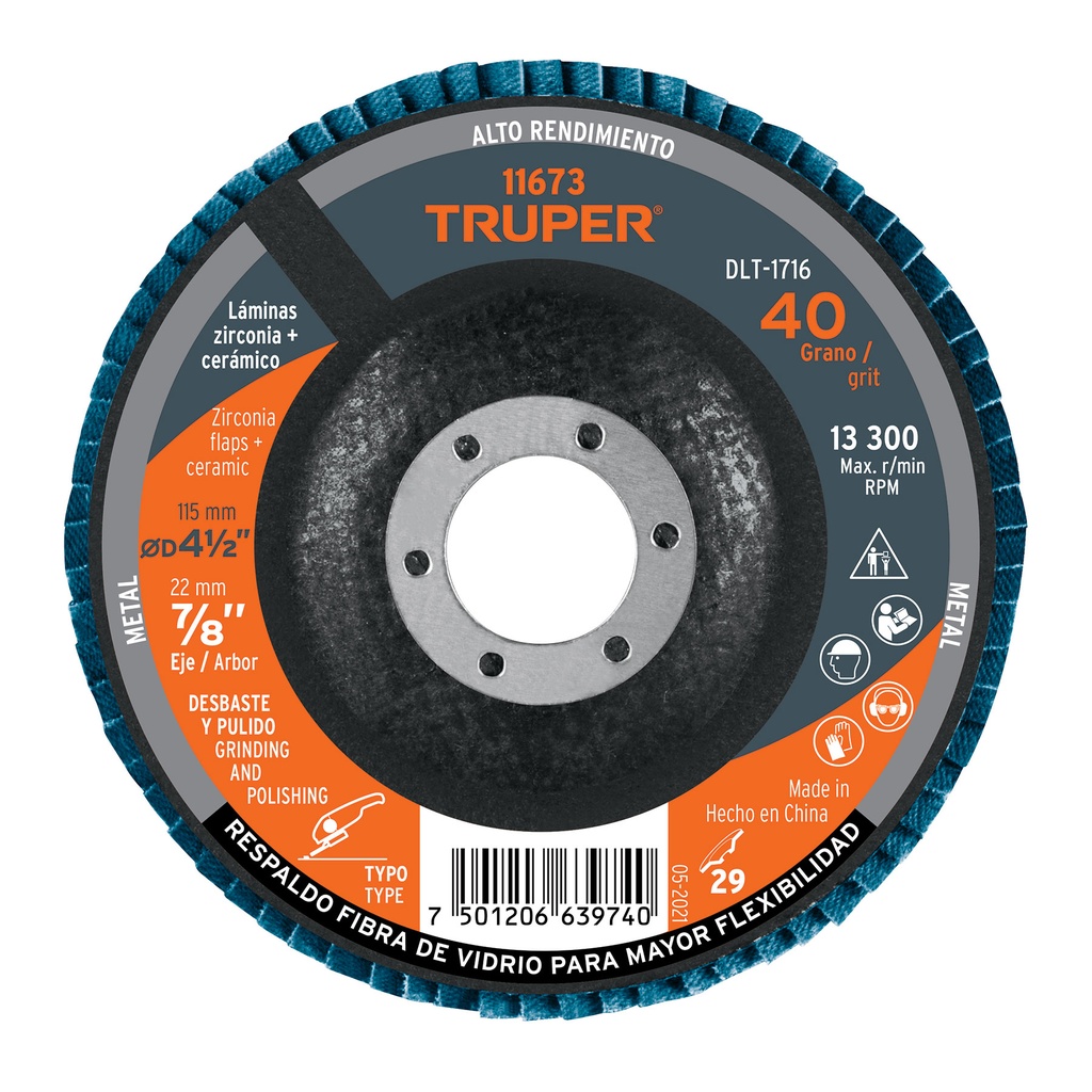 11673 / Disco 4-1/2' laminado grano 40 centro 7/8', Truper