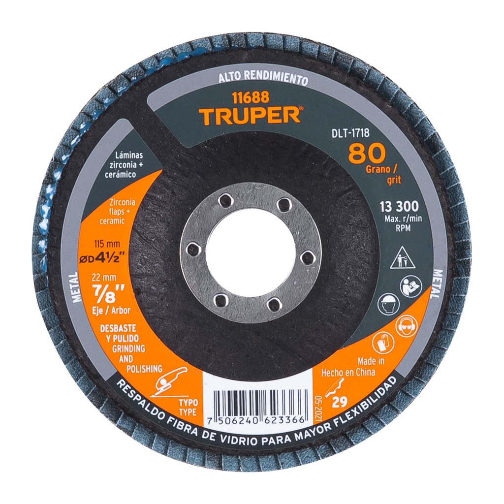11688 / Disco 4-1/2' laminado grano 80 centro 7/8', Truper