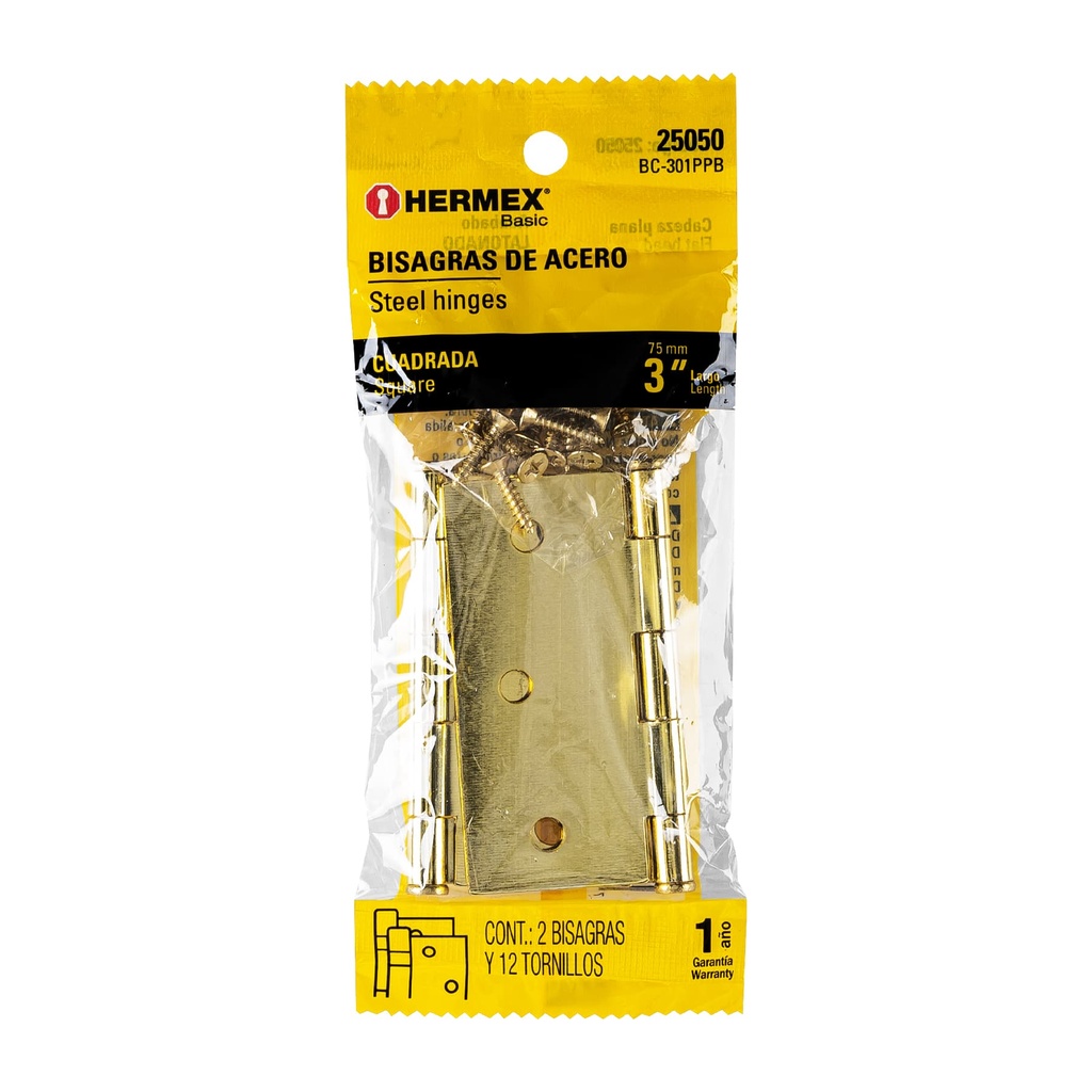 25050 / Bolsa con 2 bisagras cuadradas 3', acero latonado, Basic, Hermex