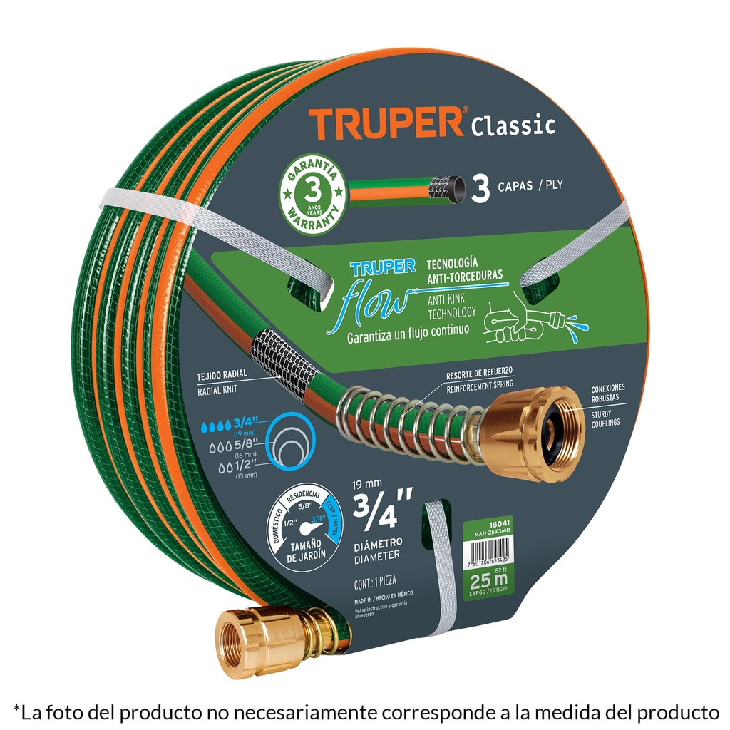 16032 / Manguera 1/2' reforzada 3 capas 20 m conexiones de metal, Truper
