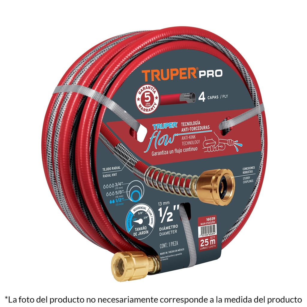16040 / Manguera 5/8' super reforzada 4 capas 30 m conexiones metal, Truper