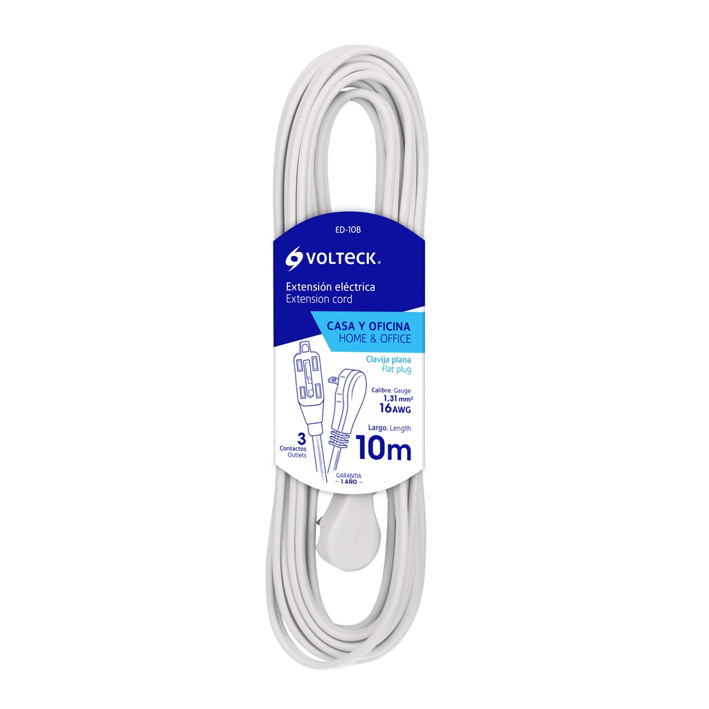 48036 / Extensión eléctrica doméstica 10 m blanca con clavija plana, Volteck