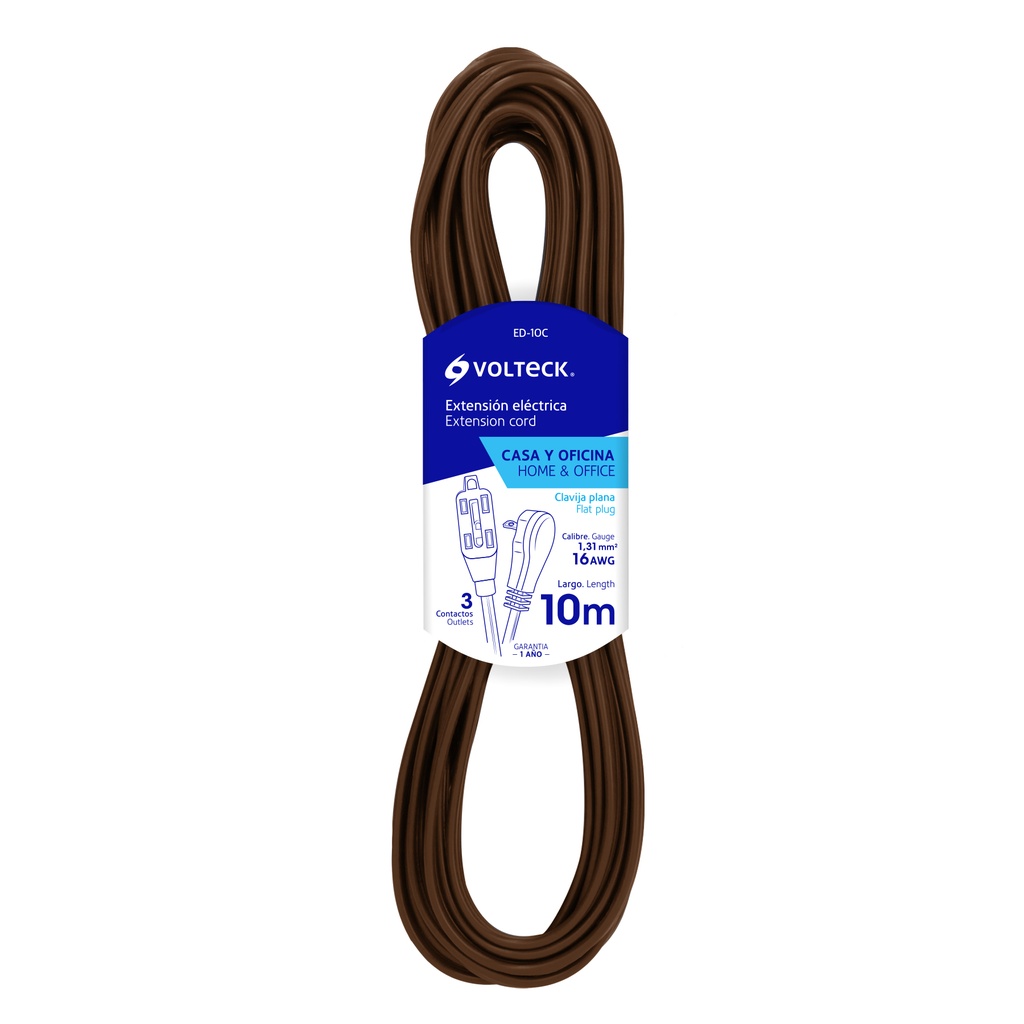 48037 / Extensión eléctrica doméstica 10 m café con clavija plana, Volteck