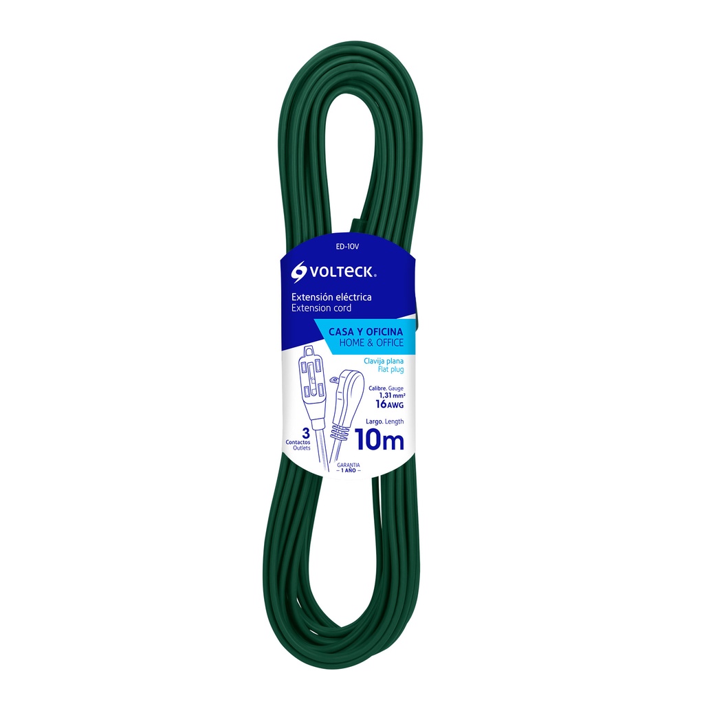 48038 / Extensión eléctrica doméstica 10 m verde con clavija plana, Volteck