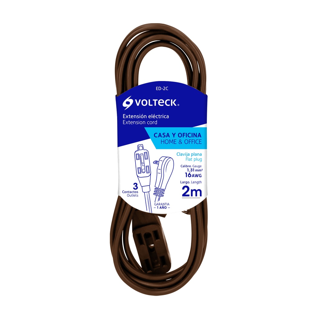48001 / Extensión eléctrica doméstica 2 m café con clavija plana, Volteck