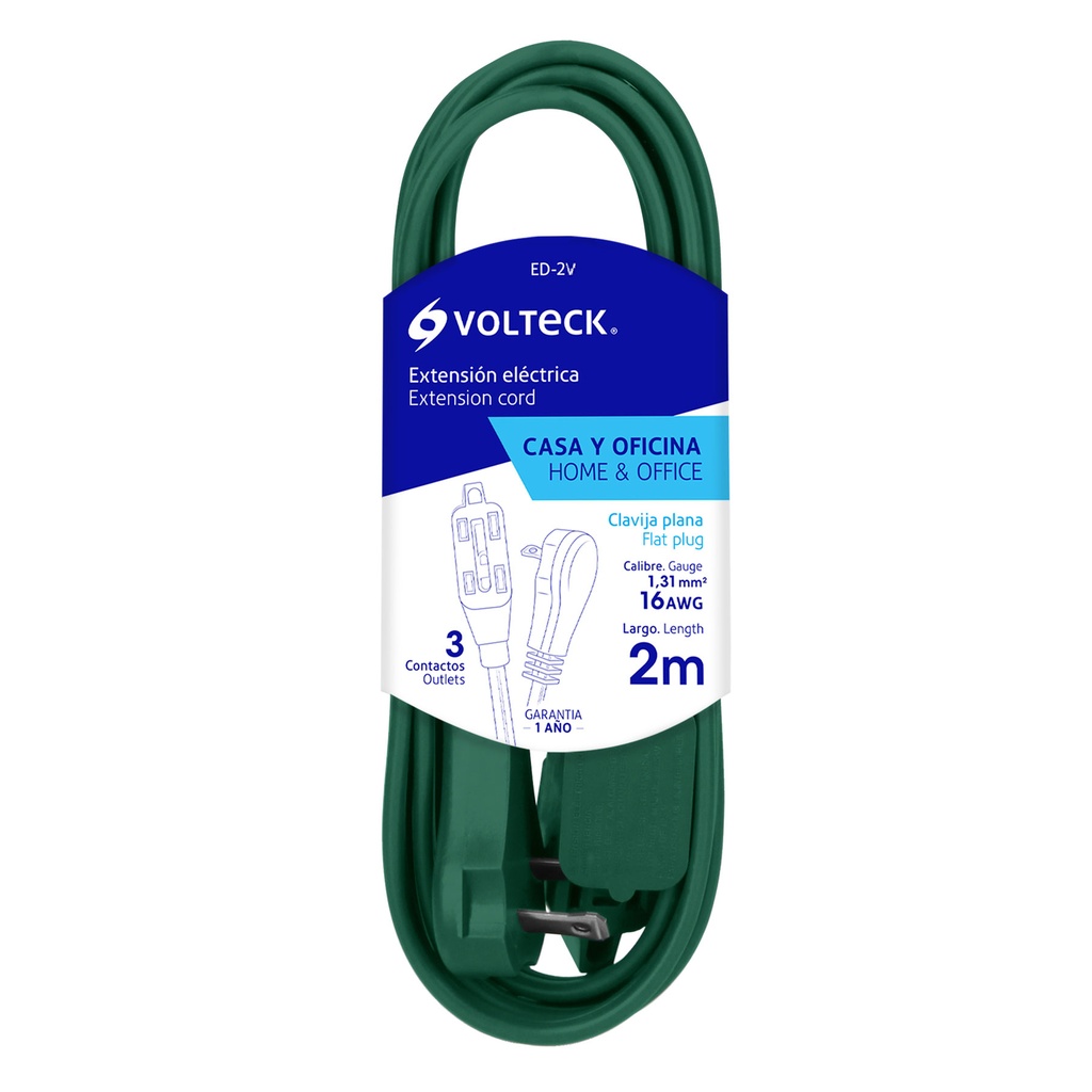 48002 / Extensión eléctrica doméstica 2 m verde con clavija plana, Volteck
