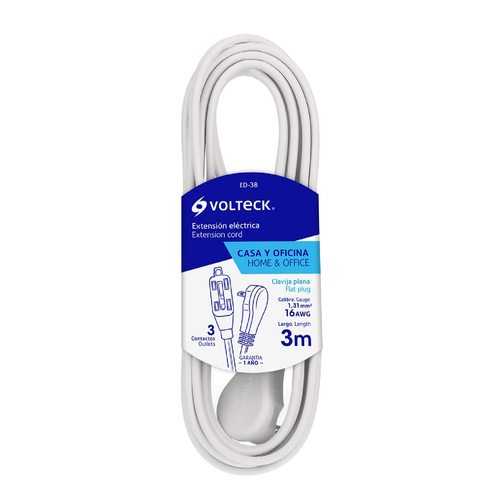 48006 / Extensión eléctrica doméstica 3 m blanca con clavija plana, Volteck
