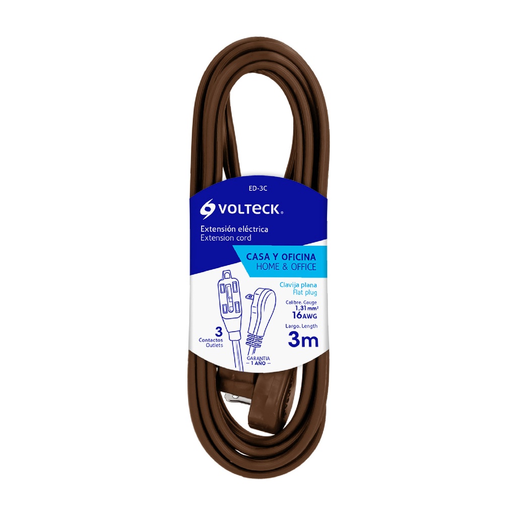 48007 / Extensión eléctrica doméstica 3 m café con clavija plana, Volteck