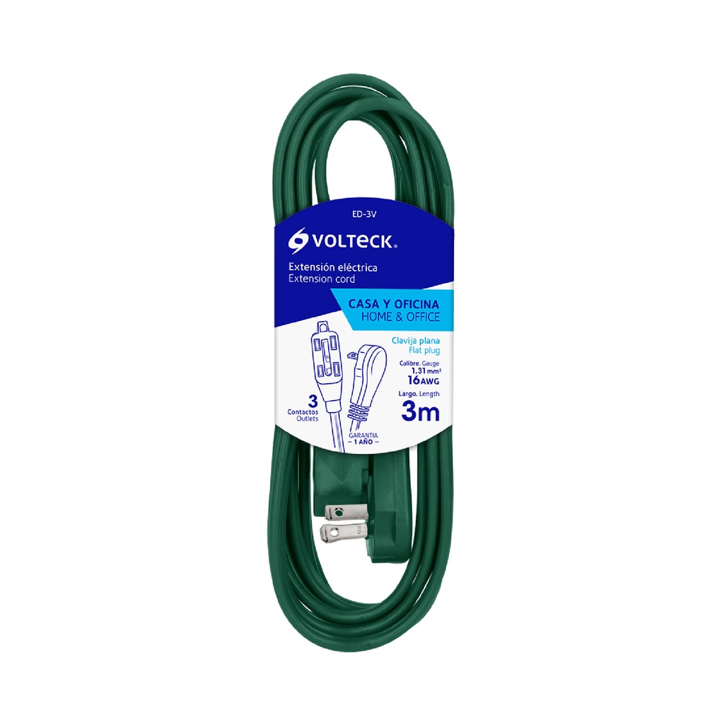 48008 / Extensión eléctrica doméstica 3 m verde con clavija plana, Volteck