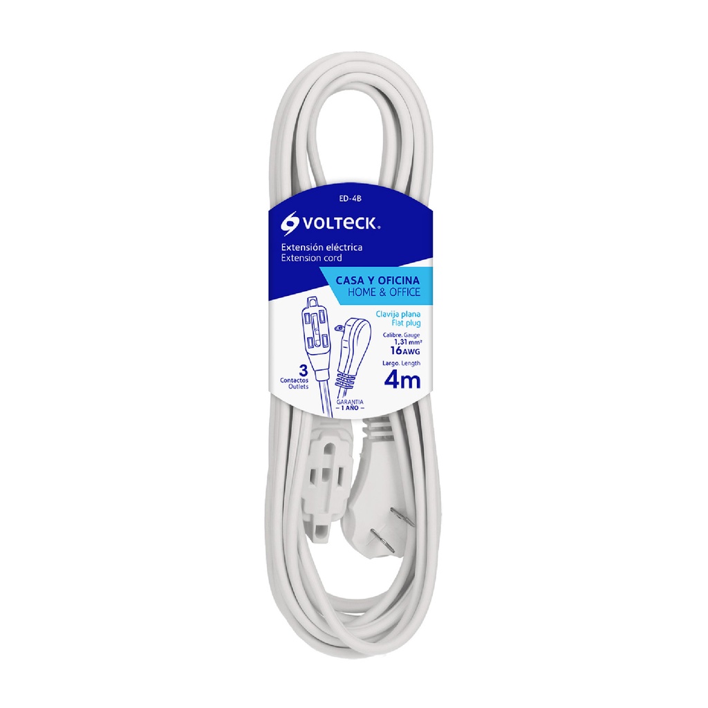 48012 / Extensión eléctrica doméstica 4 m blanca con clavija plana, Volteck
