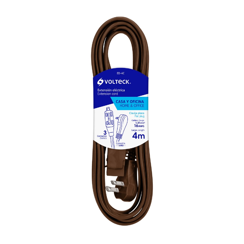 48013 / Extensión eléctrica doméstica 4 m café con clavija plana, Volteck