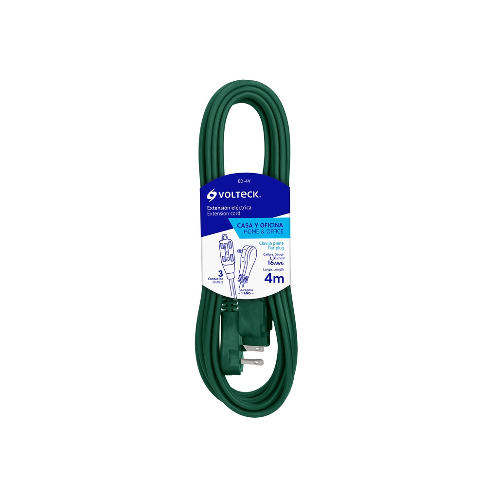 48014 / Extensión eléctrica doméstica 4 m verde con clavija plana, Volteck