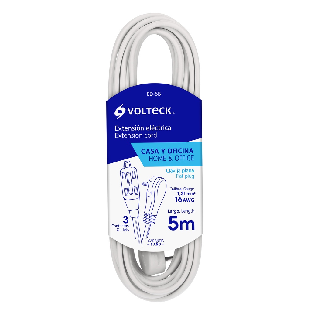 48018 / Extensión eléctrica doméstica 5 m blanca con clavija plana, Volteck