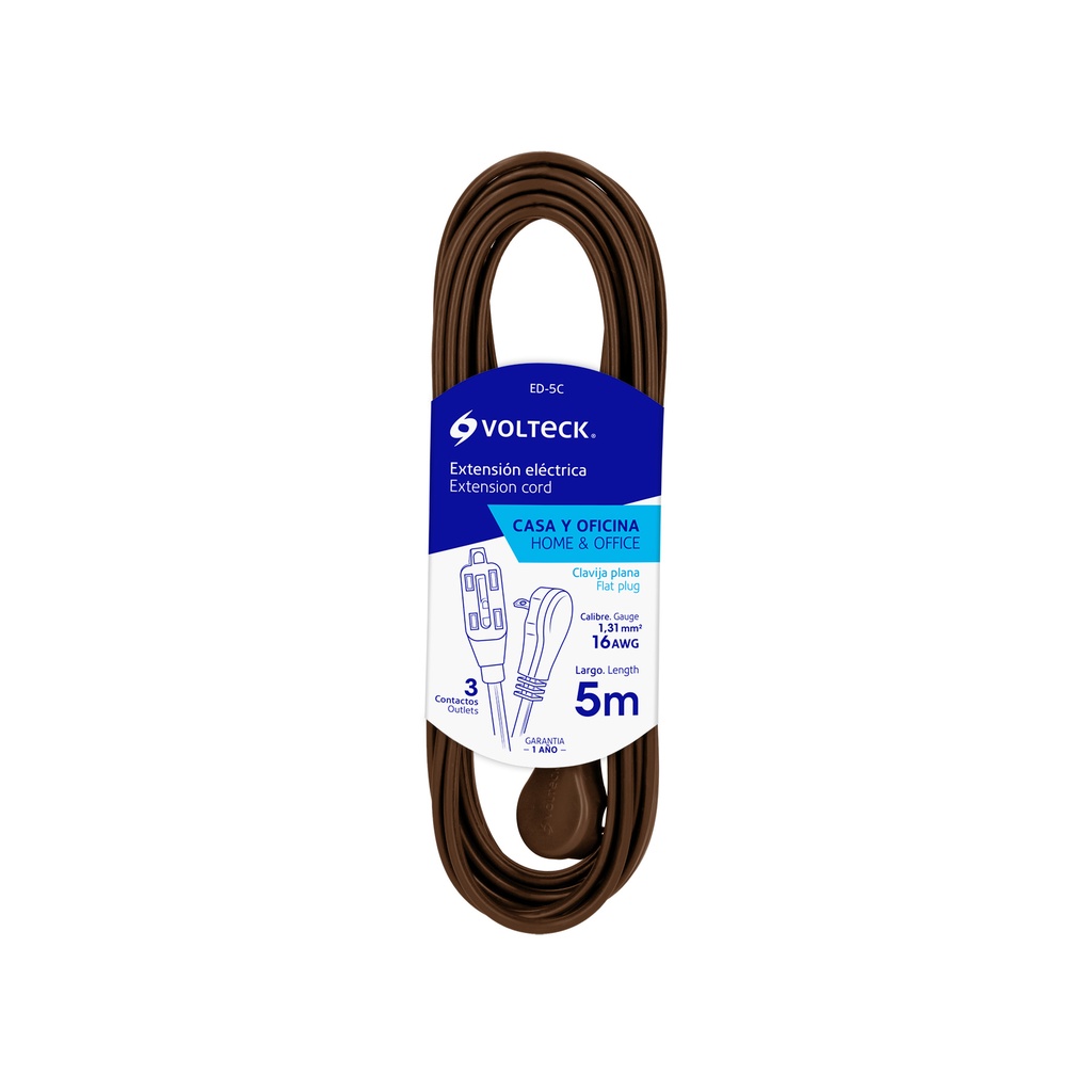 48019 / Extensión eléctrica doméstica 5 m café con clavija plana, Volteck