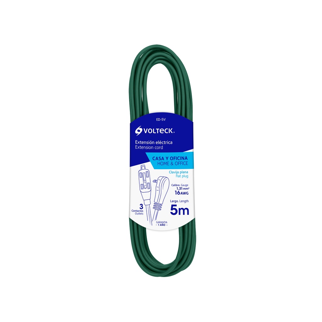 48020 / Extensión eléctrica doméstica 5 m verde con clavija plana, Volteck