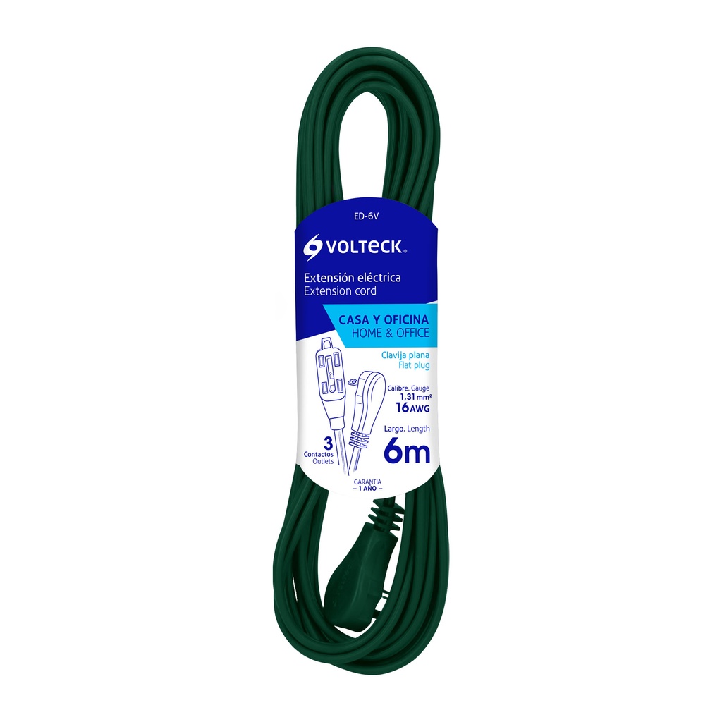 48026 / Extensión eléctrica doméstica 6 m verde con clavija plana, Volteck