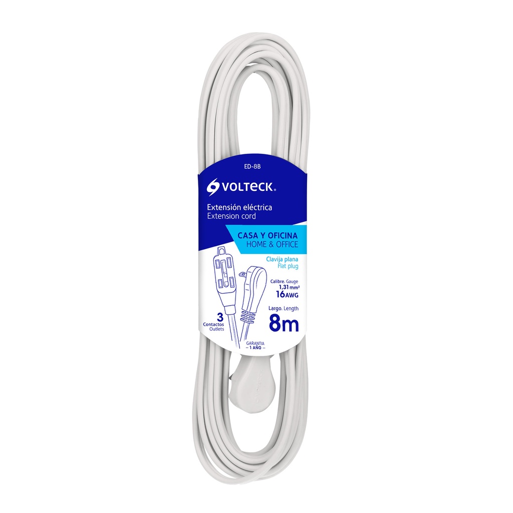 48030 / Extensión eléctrica doméstica 8 m blanca con clavija plana, Volteck