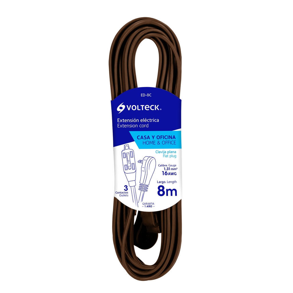 48031 / Extensión eléctrica doméstica 8 m café con clavija plana, Volteck